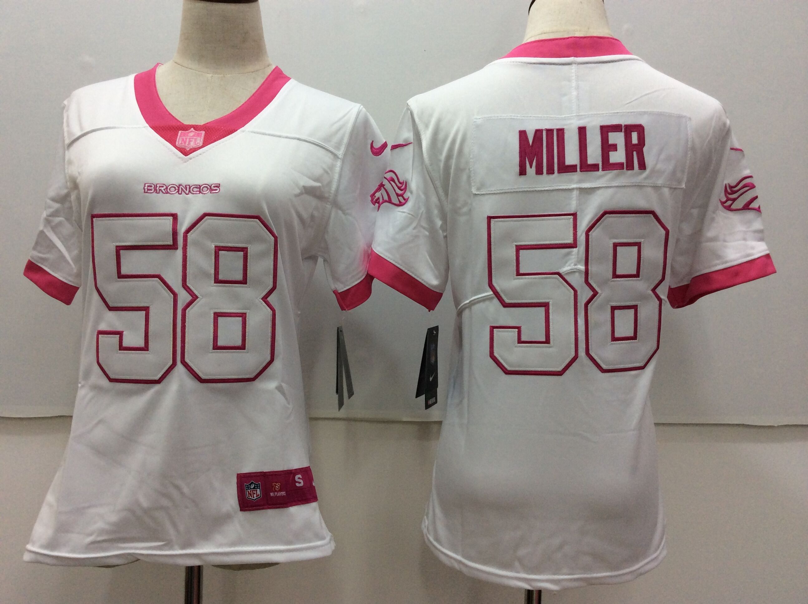 Women Denver Broncos #58 Miller Matthews White Pink Nike Vapor Untouchable Limited NFL Jerseys->->Women Jersey